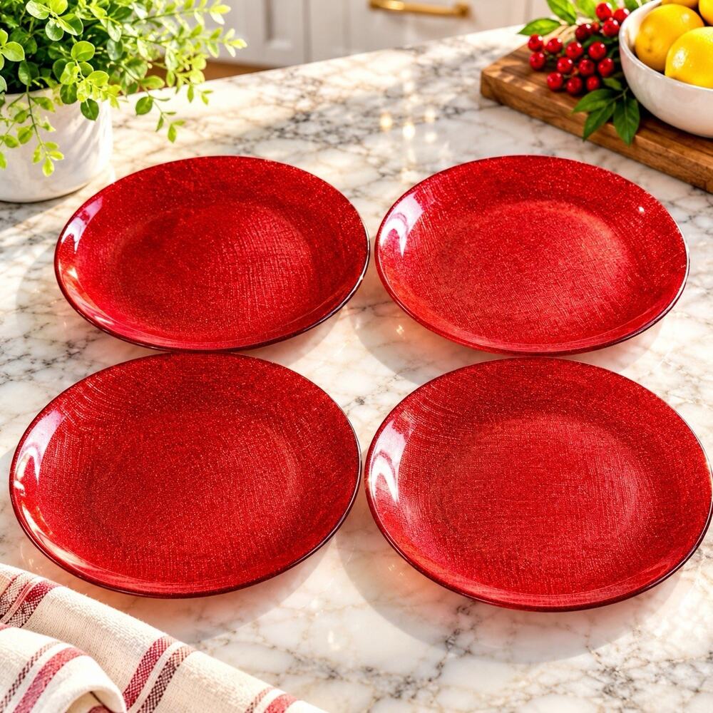 Akcam Red Glitter Glass Salad Plates 8” Set of 4 Turkish Holiday Christmas